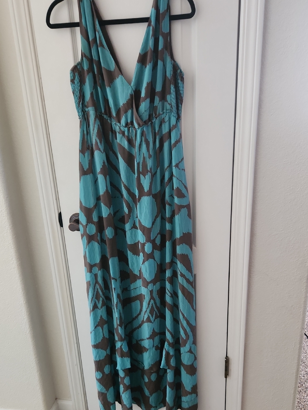 Banana Republic Teal and Brown Silk Printed V-Neck Maxi Dress, Size 10 - Picture 1 of 10